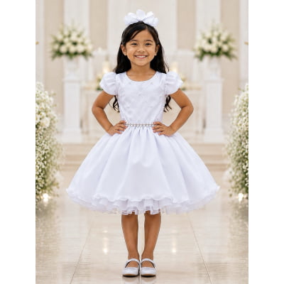 Vestido Infantil Branco Cinto Pérolas Damas Casamento Luxo