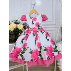 Vestido Infantil Branco Floral Pink Cinto de Pérolas Luxo + Brinde