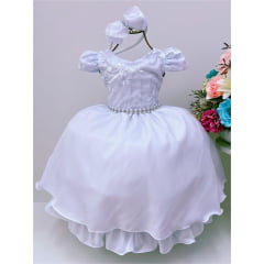 Vestido Infantil Branco Renda C/ Cinto de Pérolas C/Tiara