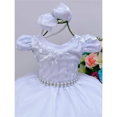 Vestido Infantil Branco Renda C/ Cinto de Pérolas C/Tiara