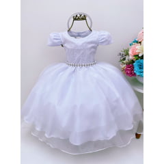 Vestido Infantil Branco Renda Damas Cinto Pérolas Tiara Luxo