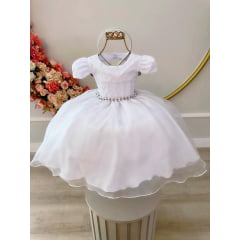 Vestido Infantil Branco Renda Damas Cinto Pérolas Tiara Luxo