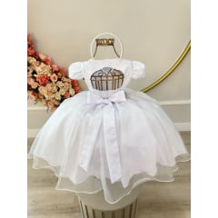 Vestido Infantil Branco Renda Damas Cinto Pérolas Tiara Luxo