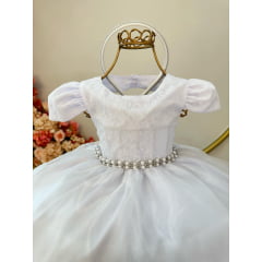 Vestido Infantil Branco Renda Damas Cinto Pérolas Tiara Luxo