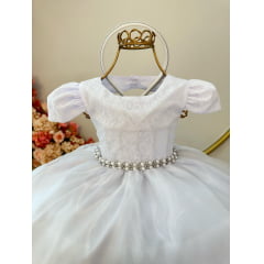 Vestido Infantil Branco Renda Damas Cinto Pérolas Tiara Luxo