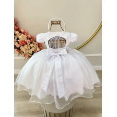 Vestido Infantil Branco Renda Damas Cinto Pérolas Tiara Luxo