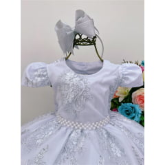 Vestido Infantil Branco Renda Realeza Cinto de Pérolas Luxo