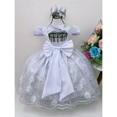 Vestido Infantil Branco Renda Realeza Cinto de Pérolas Luxo