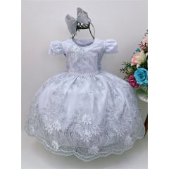 Vestido Infantil Branco Renda Realeza Cinto de Pérolas Luxo