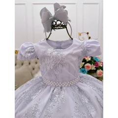 Vestido Infantil Branco Renda Realeza Cinto de Pérolas Luxo