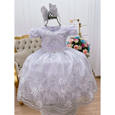 Vestido Infantil Branco Renda Realeza Cinto de Pérolas Luxo