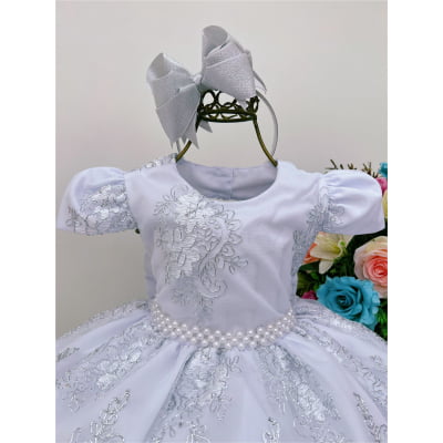 Vestido Infantil Branco Renda Realeza Cinto de Pérolas Luxo