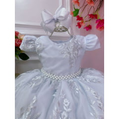 Vestido Infantil Branco Renda Realeza e Cinto de Pérolas