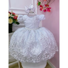 Vestido Infantil Branco Renda Realeza e Cinto de Pérolas