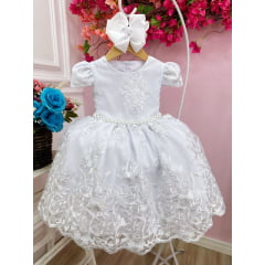 Vestido Infantil Branco Renda Realeza e Cinto de Pérolas