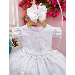 Vestido Infantil Branco Renda Realeza e Cinto de Pérolas