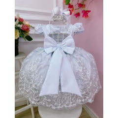 Vestido Infantil Branco Renda Realeza e Cinto de Pérolas