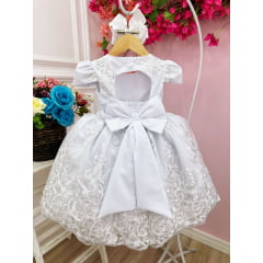 Vestido Infantil Branco Renda Realeza e Cinto de Pérolas