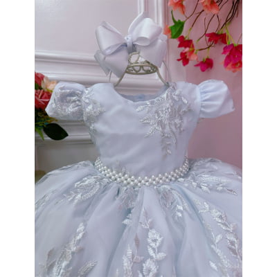 Vestido Infantil Branco Renda Realeza e Cinto de Pérolas