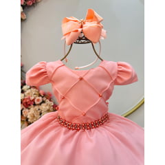 Vestido Infantil Goiaba Cinto de Pérolas Casamento Luxo