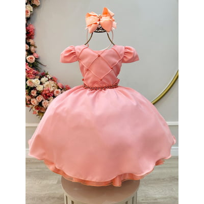 Vestido Infantil Goiaba Cinto de Pérolas Casamento Luxo