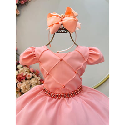 Vestido Infantil Goiaba Cinto de Pérolas Casamento Luxo