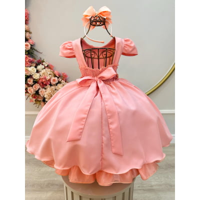 Vestido Infantil Goiaba Cinto de Pérolas Casamento Luxo