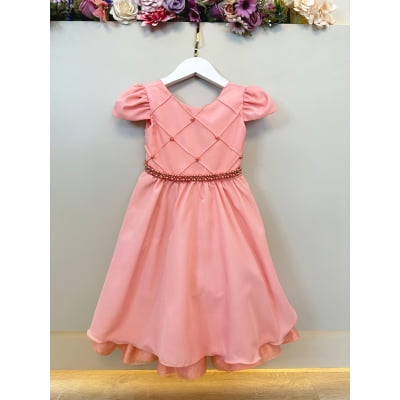 Vestido Infantil Goiaba Cinto de Pérolas Casamento Luxo