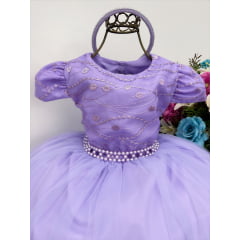 Vestido Infantil Lilás C/ Renda Cinto Pérolas e Tiara Luxo