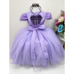 Vestido Infantil Lilás C/ Renda Cinto Pérolas e Tiara Luxo