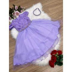 Vestido Infantil Lilás C/ Renda Cinto Pérolas e Tiara Luxo