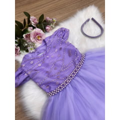 Vestido Infantil Lilás C/ Renda Cinto Pérolas e Tiara Luxo