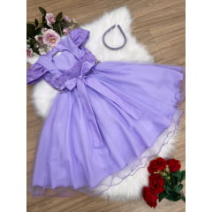 Vestido Infantil Lilás C/ Renda Cinto Pérolas e Tiara Luxo