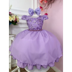 Vestido Infantil Lilás C/ Renda e Cinto de Pérolas e Laço