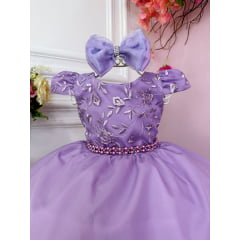 Vestido Infantil Lilás C/ Renda e Cinto de Pérolas e Laço