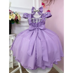 Vestido Infantil Lilás C/ Renda e Cinto de Pérolas e Laço