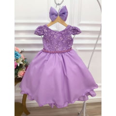 Vestido Infantil Lilás C/ Renda e Cinto de Pérolas e Laço