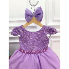 Vestido Infantil Lilás C/ Renda e Cinto de Pérolas e Laço