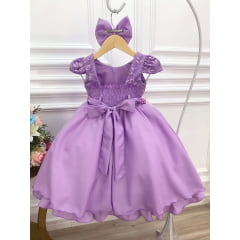 Vestido Infantil Lilás C/ Renda e Cinto de Pérolas e Laço