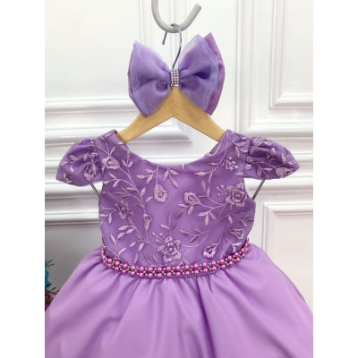 Vestido Infantil Lilás C/ Renda e Cinto de Pérolas e Laço