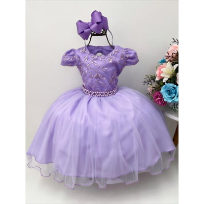 Vestido Infantil Lilás C/ Renda e Cinto de Pérolas Luxo