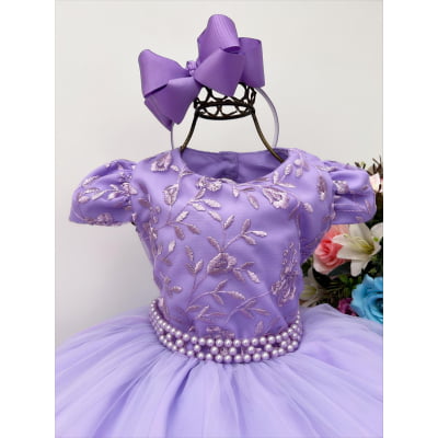 Vestido Infantil Lilás C/ Renda e Cinto de Pérolas Luxo
