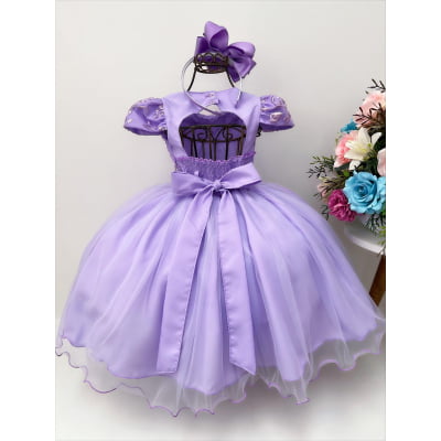 Vestido Infantil Lilás C/ Renda e Cinto de Pérolas Luxo