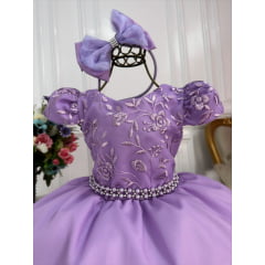 Vestido Infantil Lilás C/ Renda e Cinto de Pérolas Tiara