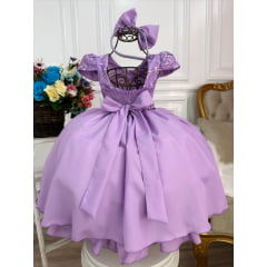 Vestido Infantil Lilás C/ Renda e Cinto de Pérolas Tiara