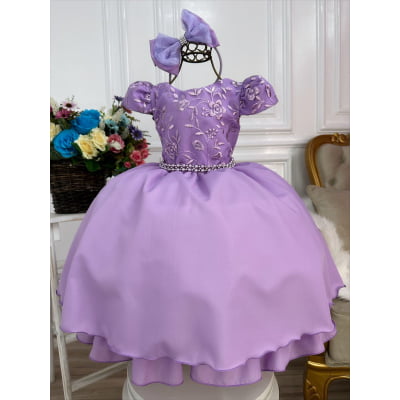 Vestido Infantil Lilás C/ Renda e Cinto de Pérolas Tiara