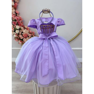 Vestido Infantil Lilás C/ Renda e Cinto Pérolas Tiara
