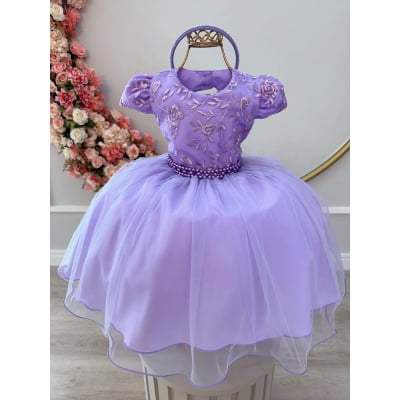Vestido Infantil Lilás C/ Renda e Cinto Pérolas Tiara