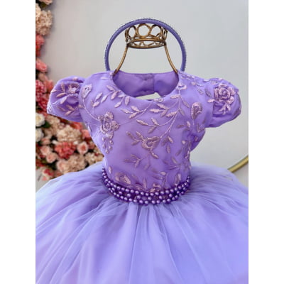 Vestido Infantil Lilás C/ Renda e Cinto Pérolas Tiara