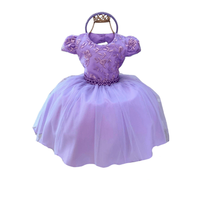 Vestido Infantil Lilás C/ Renda e Cinto Pérolas Tiara